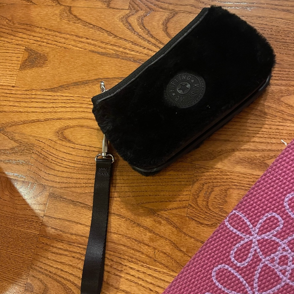 Kipling faux fur wristlet black purse